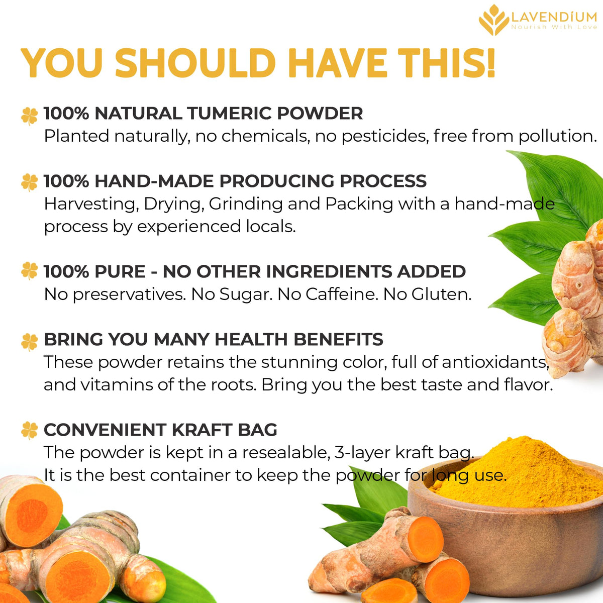 Lavendium turmeric powder in glass jar for easy seasoning.