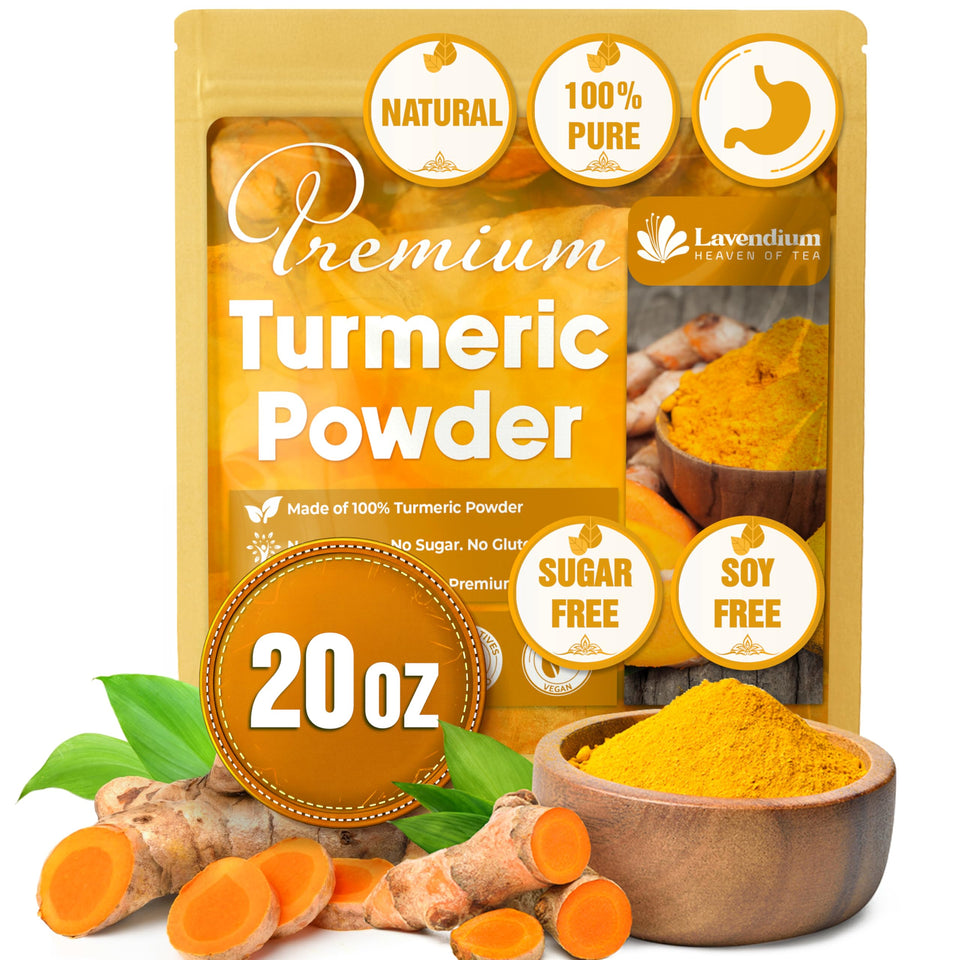 Lavendium turmeric powder packaging on pantry shelf, premium spice.