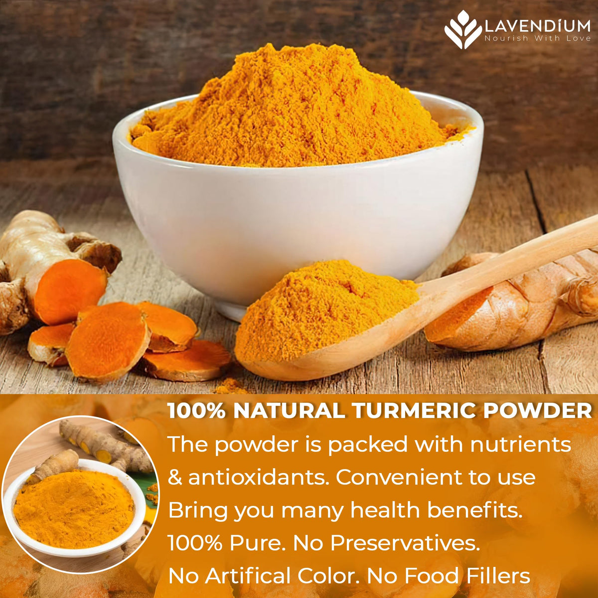 Close-up of Lavendium turmeric powder texture for bold cooking.