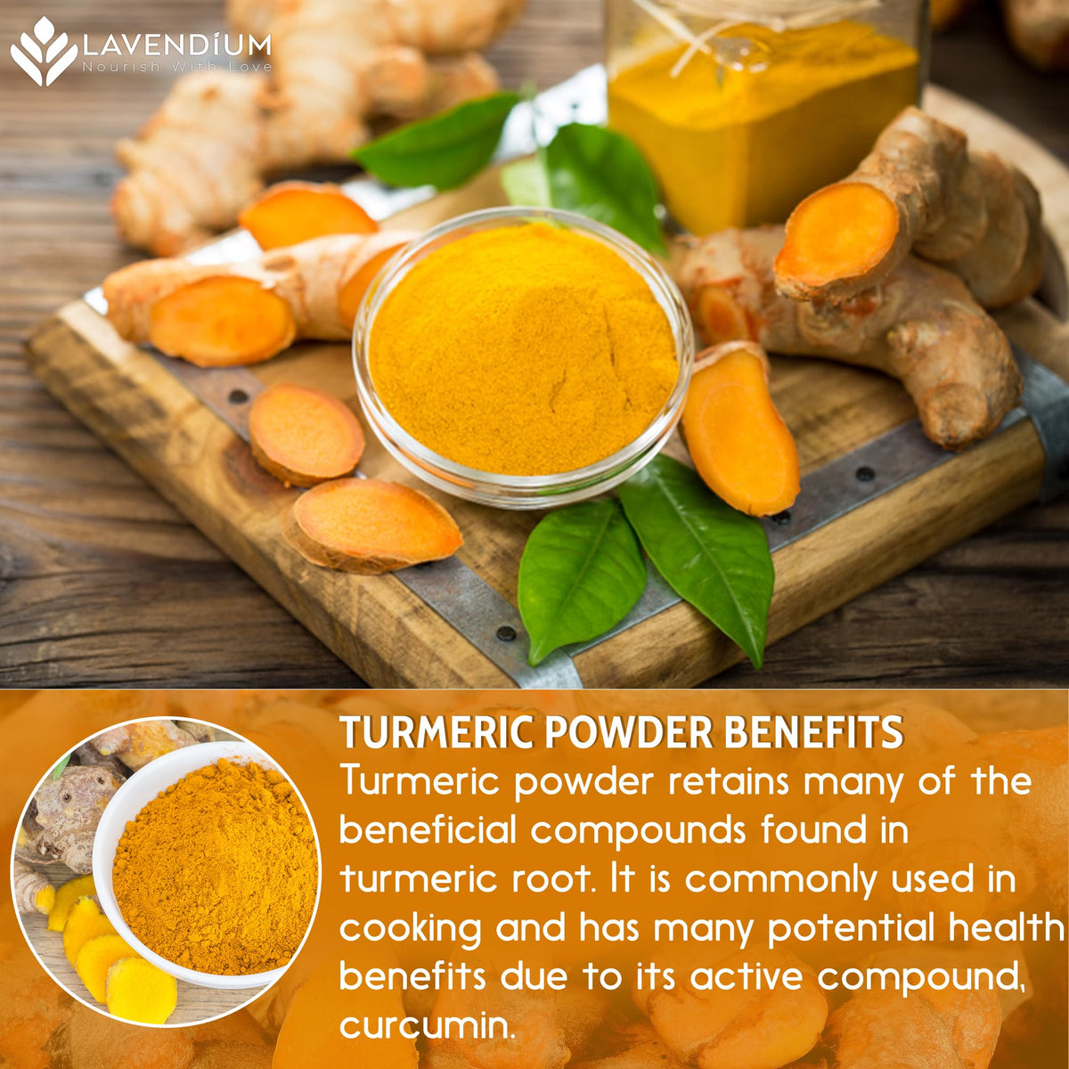 Lavendium turmeric powder on spice rack, pantry staple.