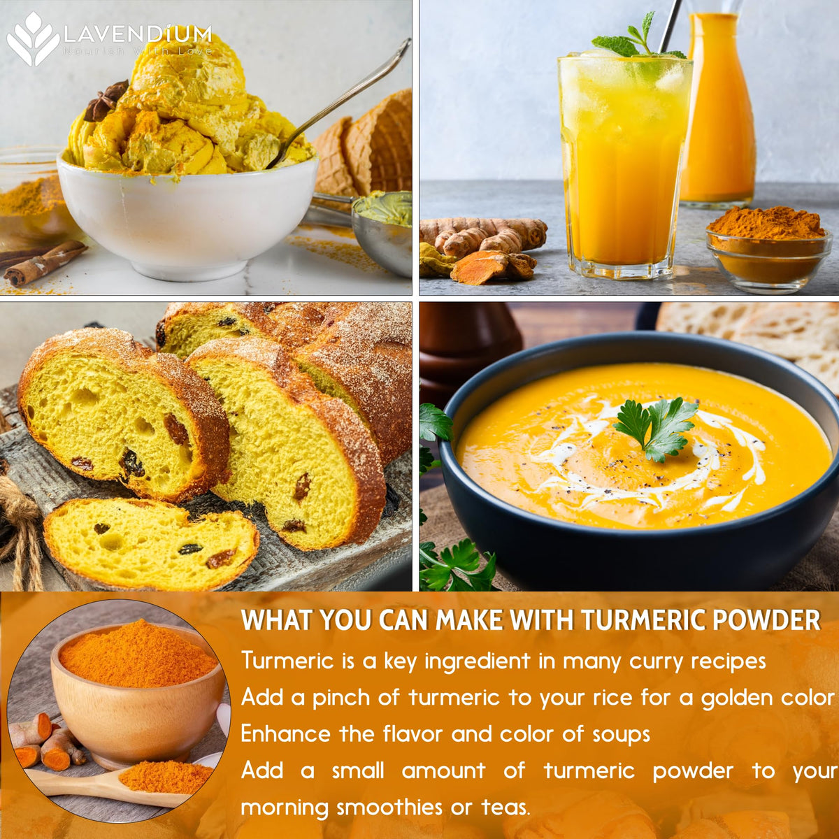 Lavendium turmeric tea aroma infuses warm beverages.