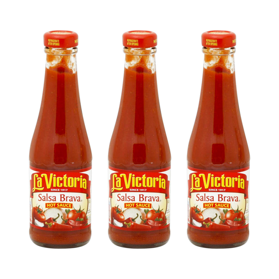 La Victoria hot salsa brava bottle ready to spice up tacos and nachos.