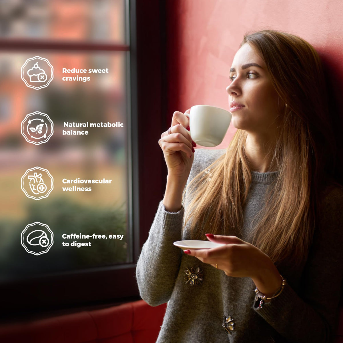 LaVitali brew hot cup image shows caffeine-free, soothing herbal tea.