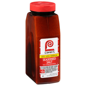 Lawry's 25% Less Sodium bottle pouring into a pan for savory flavor.