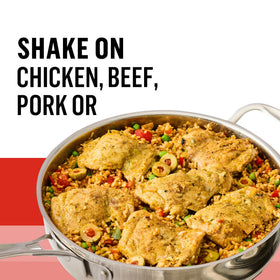 Lawry’s Adobo seasoning used to marinate beef for rich flavor.