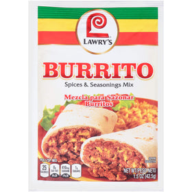 Lawry's Burrito Spice Mix packaging highlights convenient weeknight flavor.