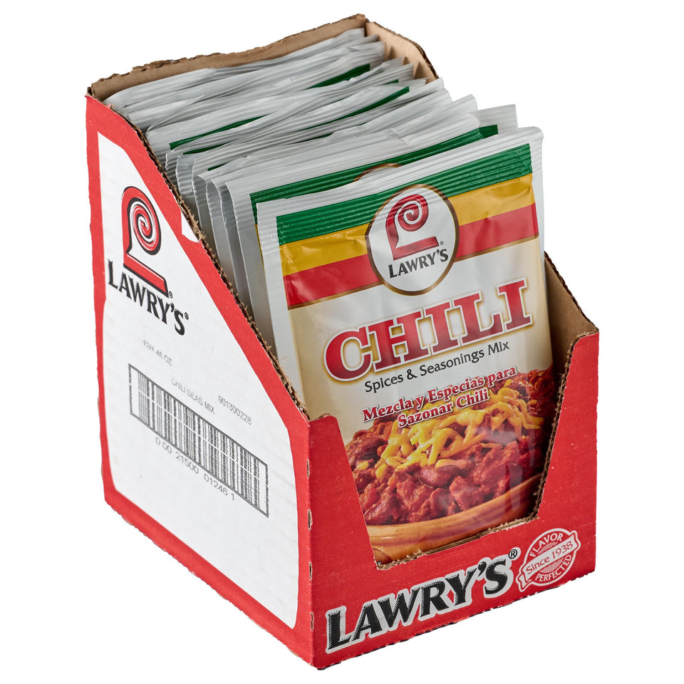 Lawry's Chili Spices Mix 12-pack bottles displayed for quick weeknight dinners.