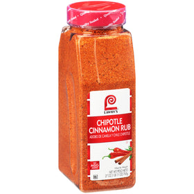 Lawry's Chipotle Cinnamon Rub bottle close-up adds bold sweet-heat to grilled dishes