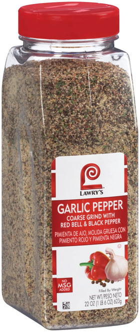 Lawry's garlic pepper bottle with red bell, showcasing bold flavor for beef and vegetables