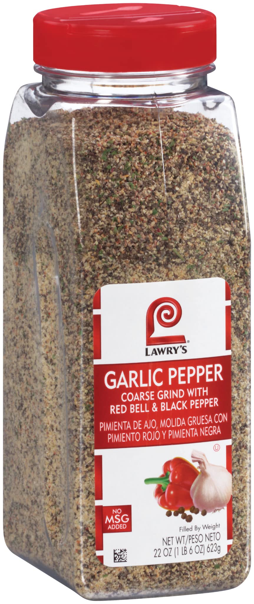 Lawry's garlic pepper bottle with red bell, showcasing bold flavor for beef and vegetables