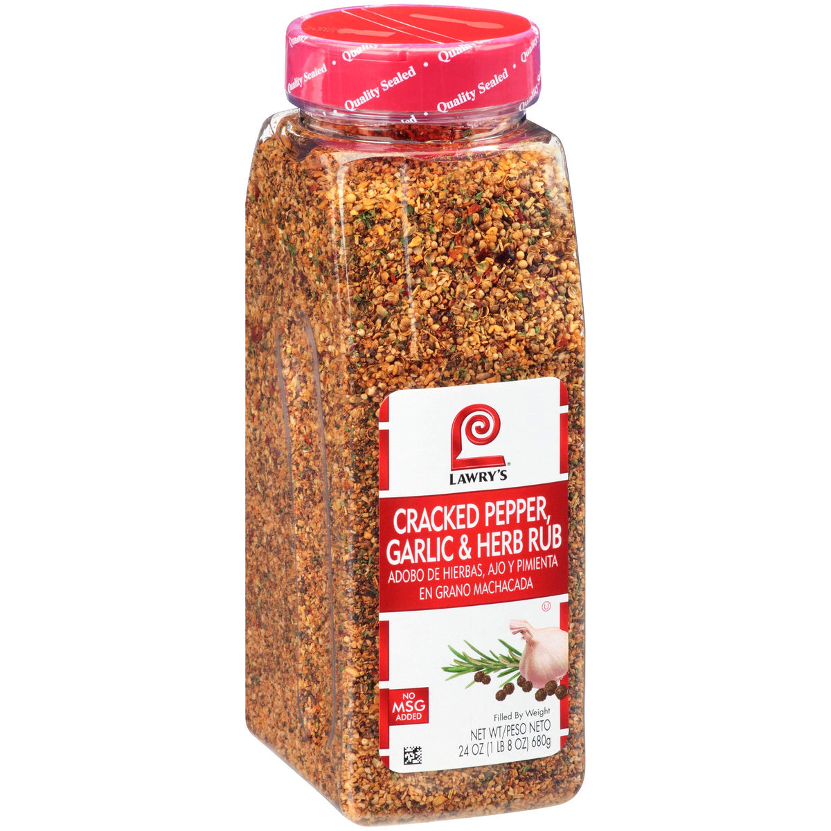 Lawry's Cracked Pepper Garlic & Herb Rub 24oz jar adds bold pepper crust to beef and pork