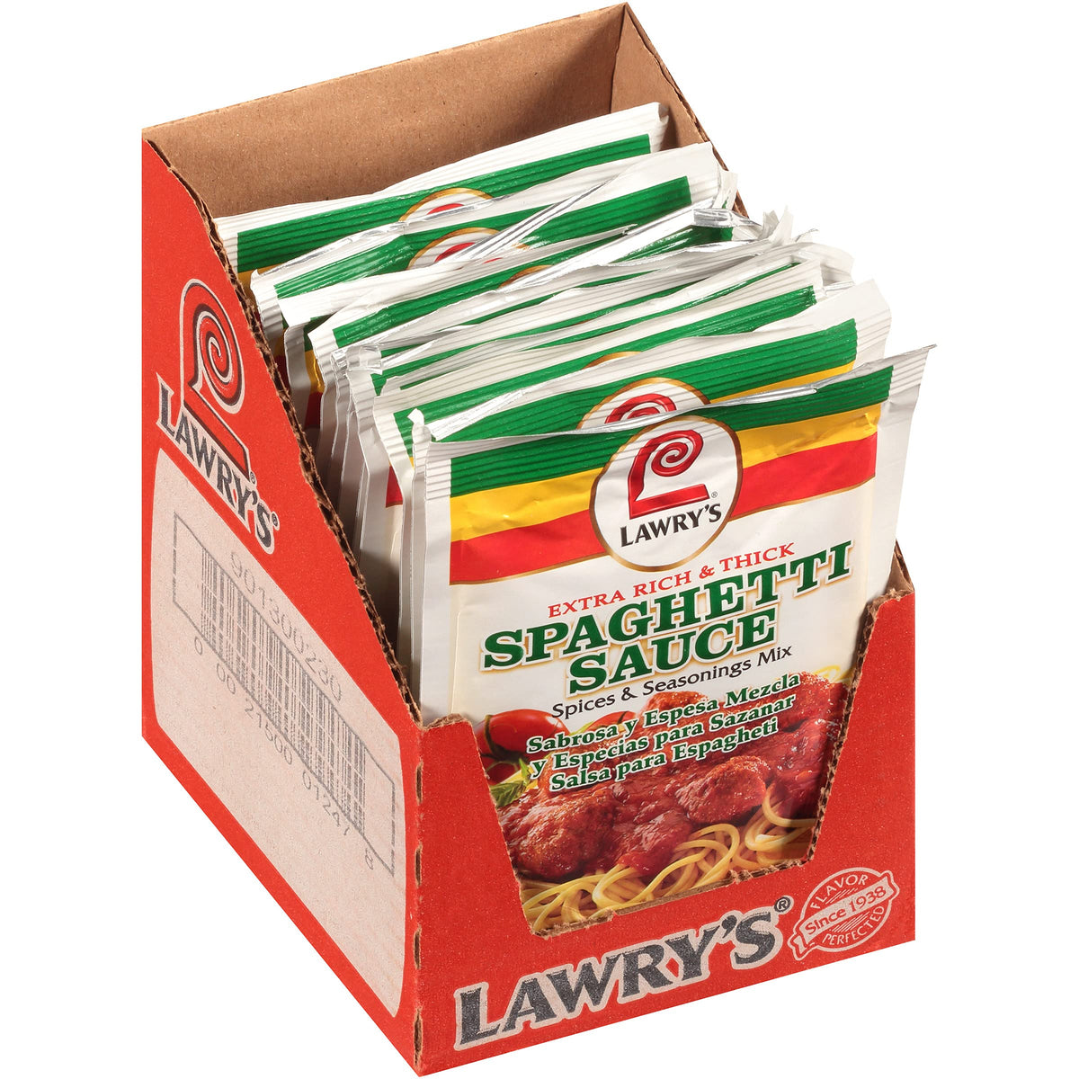 Lawry's Extra Rich Spaghetti Sauce Mix bottle closeup for rich, simmer-ready flavor