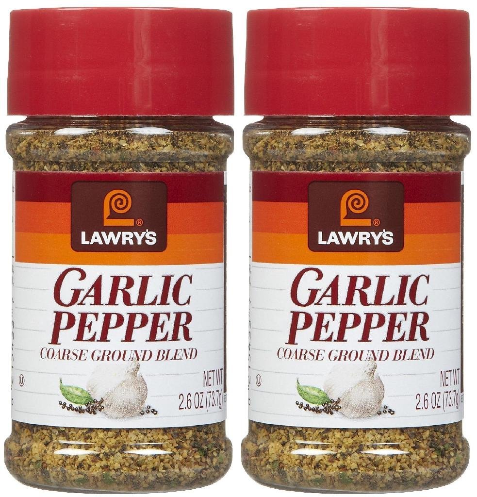 Lawry's Garlic Pepper Coarse Ground Blend bottle highlighting bold flavor for versatile cooking.