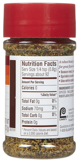 Close-up of Lawry's Garlic Pepper shaker ready for quick weeknight seasoning.