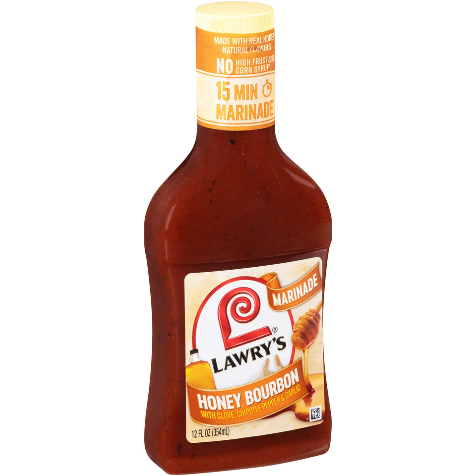 Lawry's Honey Bourbon marinade bottle pour, ideal for quick chicken wings.