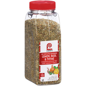 Lawry's Key West Lemon Basil Thyme seasoning jar adds bright flavor to seafood and vegetables.