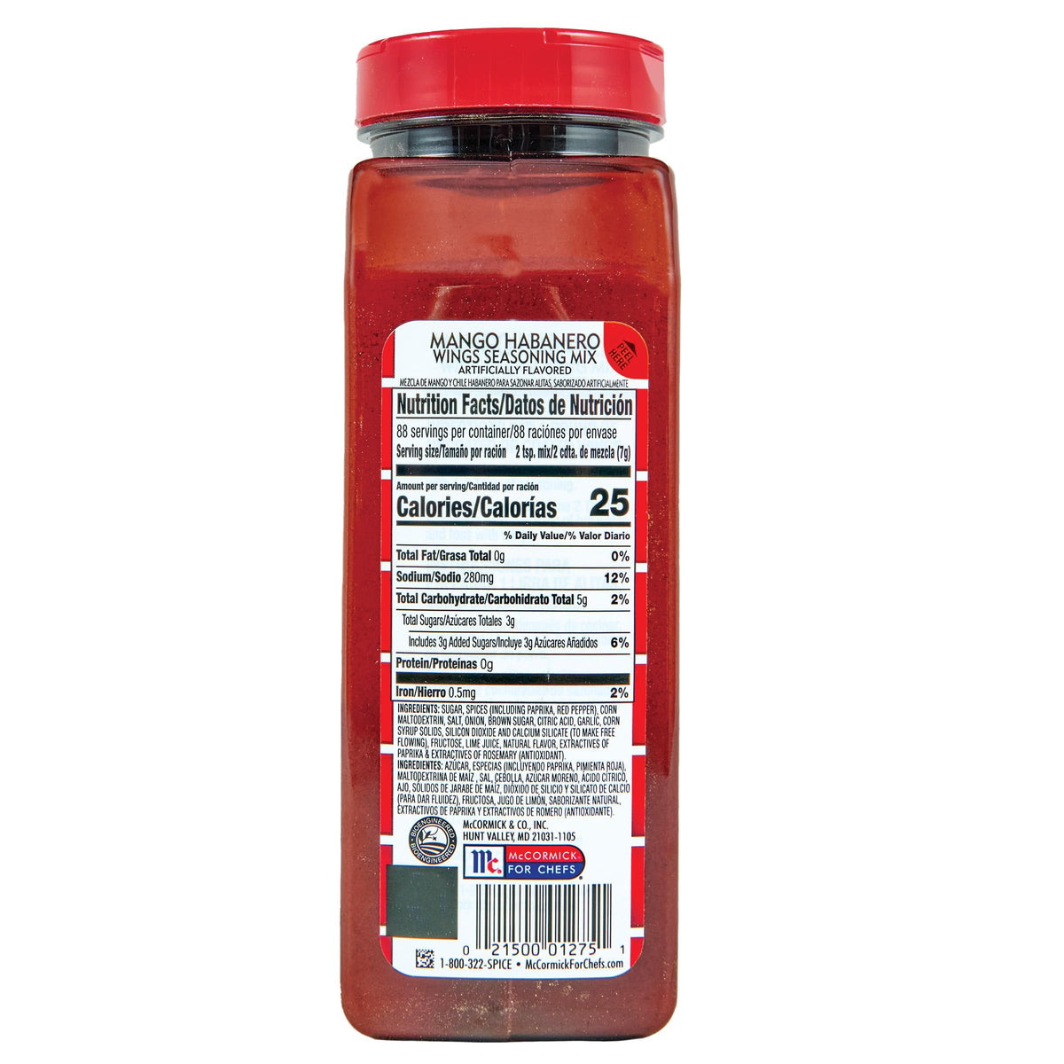 Lawry's Mango Habanero Wings Seasoning Mix bottle back showing ingredients and kosher status.
