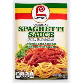 Lawry's Original Spaghetti Sauce spices packaging, convenient flavor boost for quick weeknight meals.