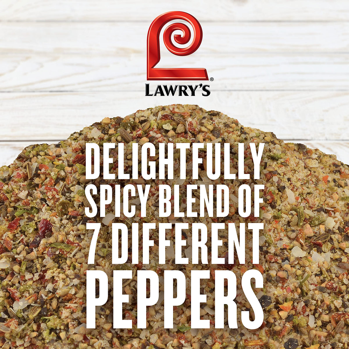 Lawry's Pepper Supreme close-up shows seven peppers and texture