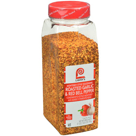 Lawry's Roasted Garlic and Red Bell Pepper Monterey seasoning jar adds bold flavor to meals.