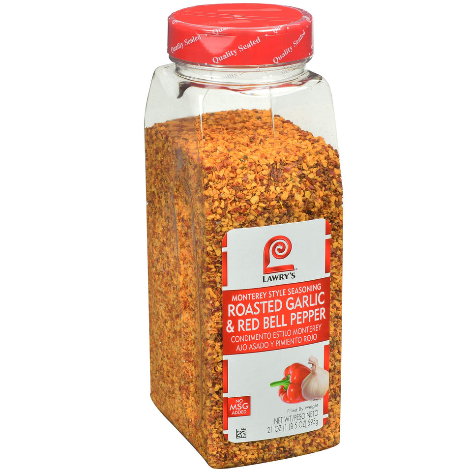 Lawry's Roasted Garlic and Red Bell Pepper Monterey seasoning jar adds bold flavor to meals.
