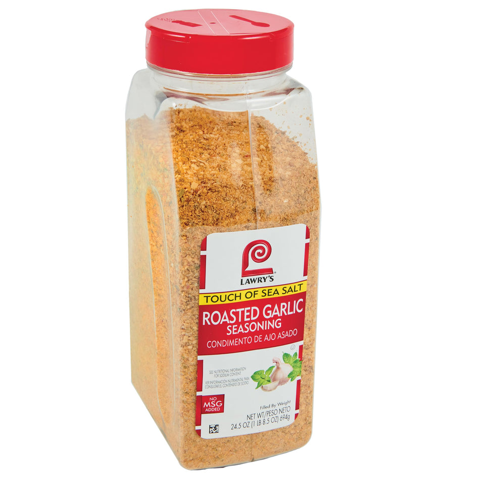 Lawry's Roasted Garlic Seasoning front label showing low-sodium flavor boost