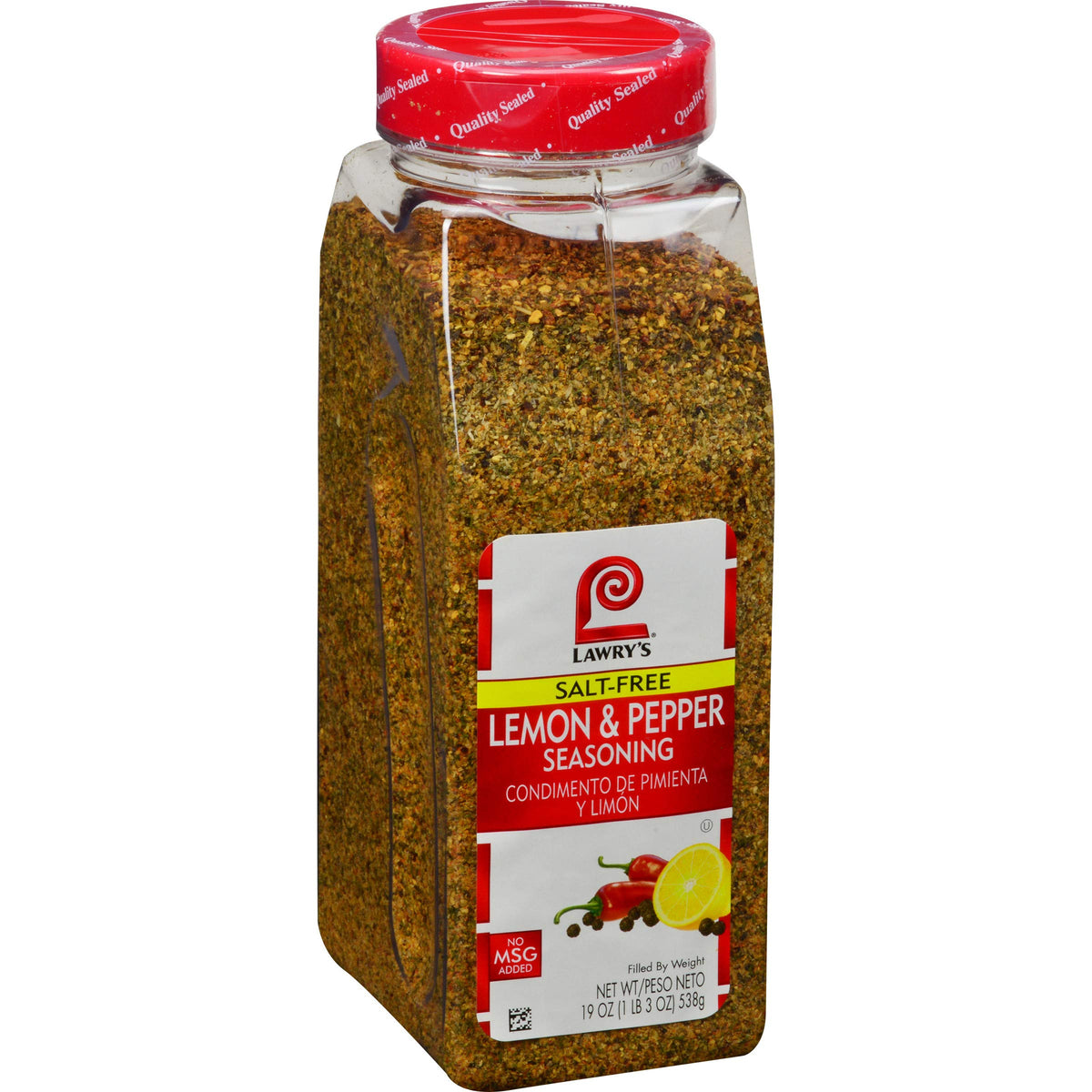 Lawry's Salt-Free Lemon & Pepper Seasoning bottle pour highlights citrus flavor for seafood and vegetables