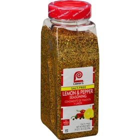 Lawry's Salt-Free Lemon & Pepper Seasoning bottle pour highlights citrus flavor for seafood and vegetables