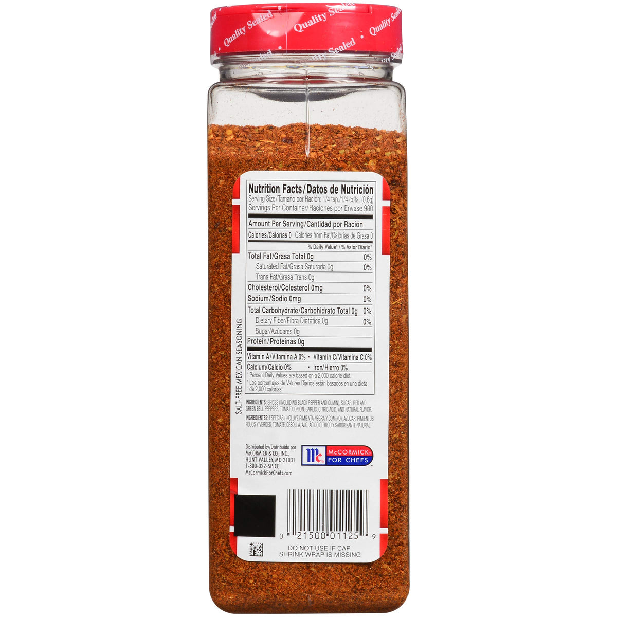 Lawry's Salt-Free Mexican Seasoning container front, premium salt-free flavor for everyday cooking.