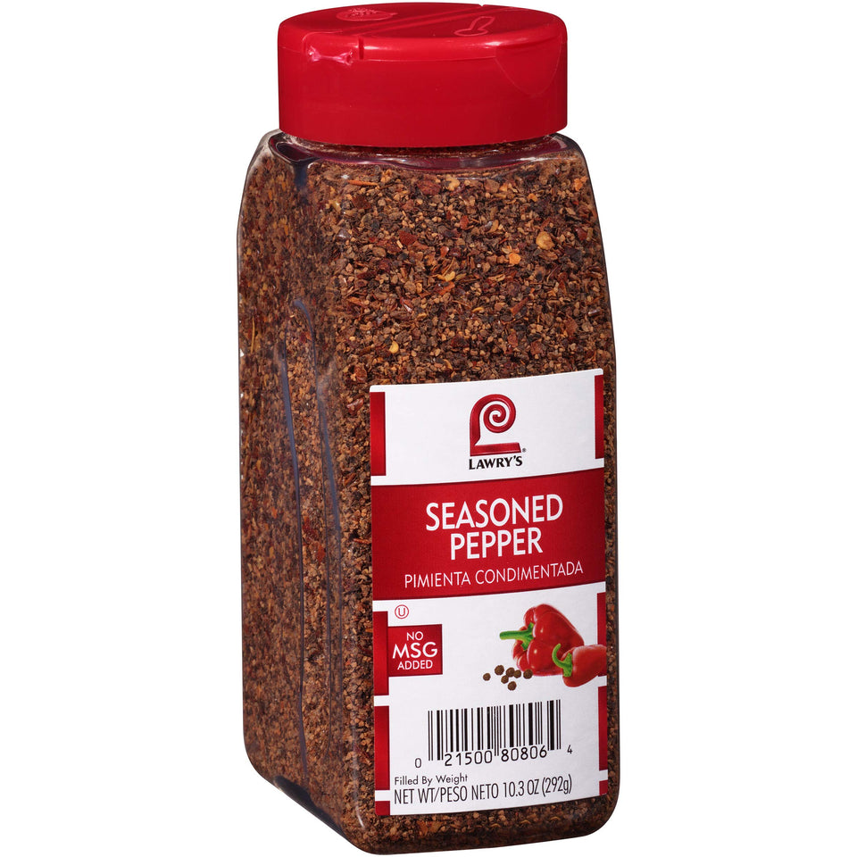 Lawry's Seasoned Pepper bottle close-up for versatile vegetables and more