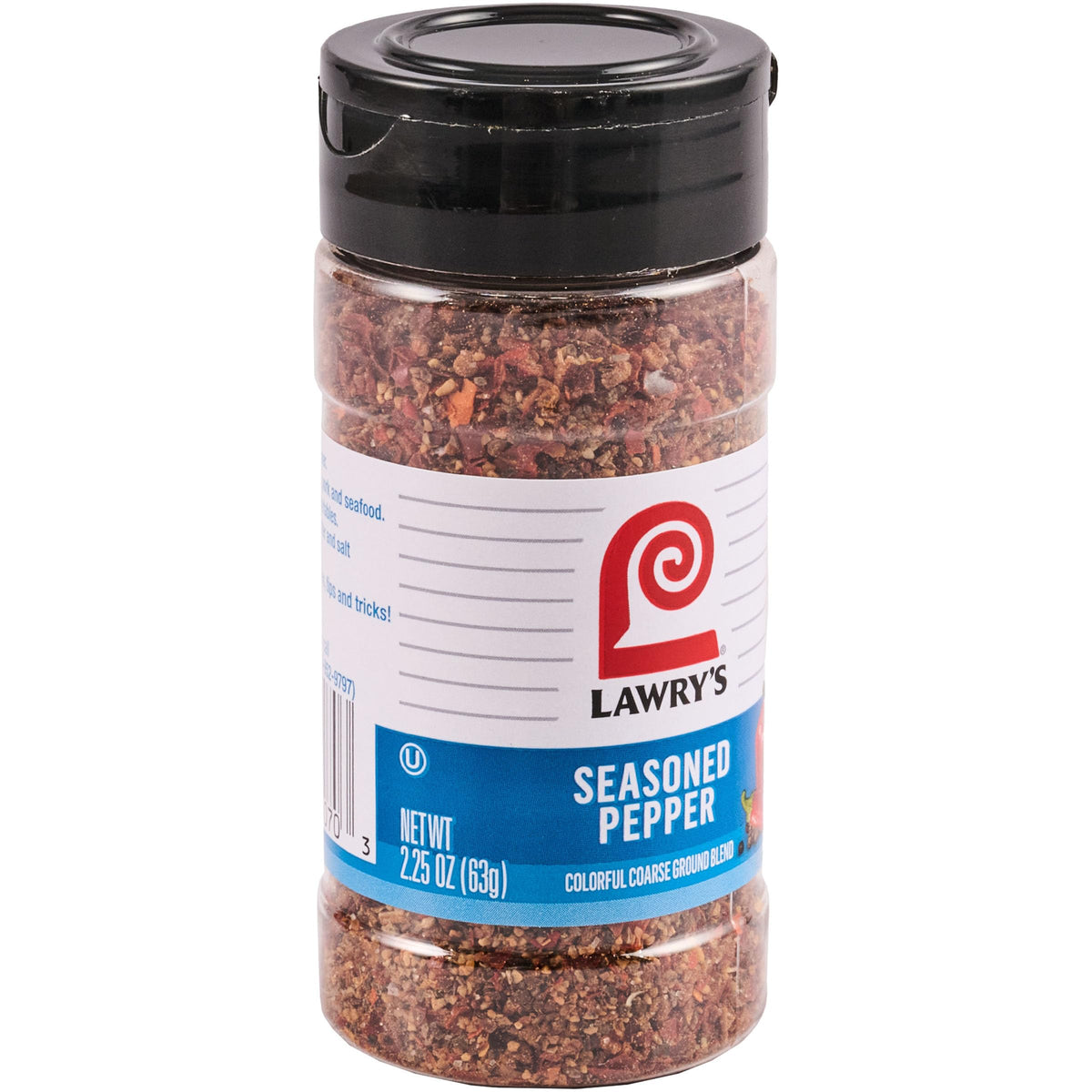 Lawry's Seasoned Pepper front bottle showing coarse grind for everyday seasoning.