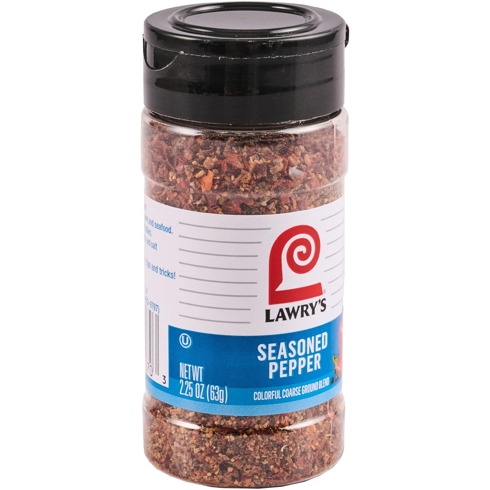 Lawry's Seasoned Pepper front bottle showing coarse grind for everyday seasoning.