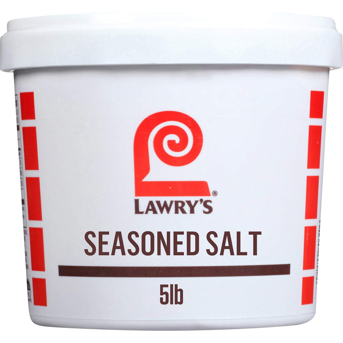 Lawry's Seasoned Salt 5 lb container on counter for bulk cooking.