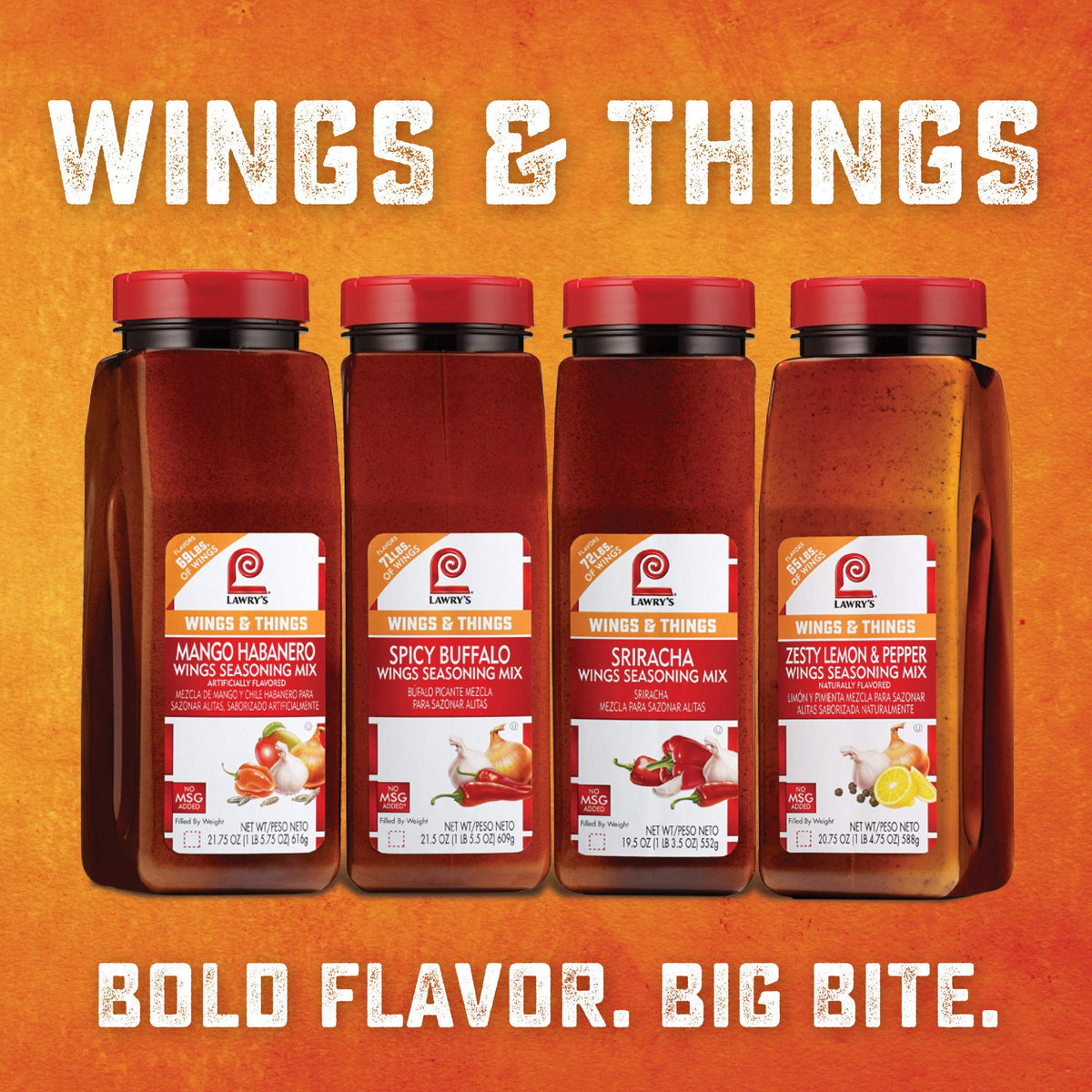 Lawry's Spicy Buffalo Wings Seasoning Mix being poured for quick wing coating.