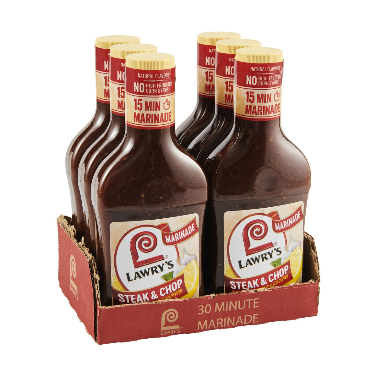 Lawry's Steak and Chop Marinade bottle with garlic and pepper for rich beef flavor.