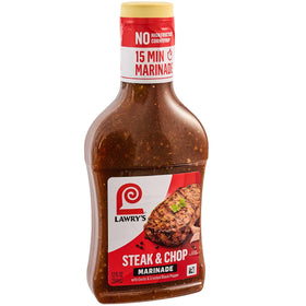 Pouring Lawry's marinade over steak to boost flavor during grilling.