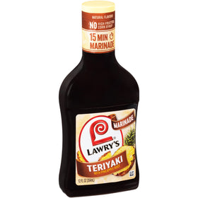 Pouring Lawry's Teriyaki Marinade enhances quick weeknight meals with savory pineapple notes.