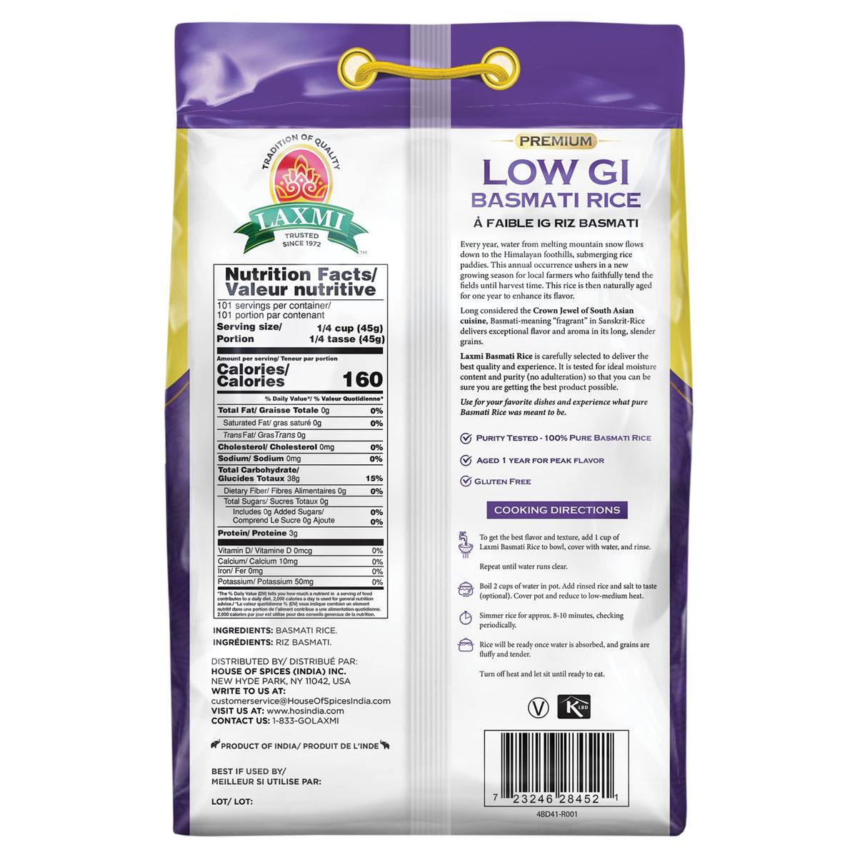 Laxmi Lower GI Basmati Rice long grain uncooked reveals slender grains ideal for fluffy pilafs.