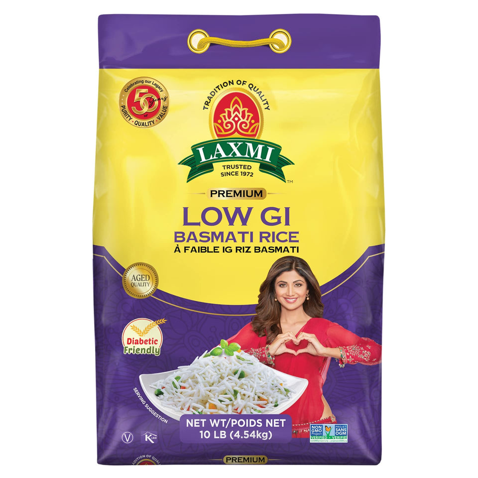 Laxmi Lower GI Basmati Rice pack showcasing premium whole grain quality for everyday meals.