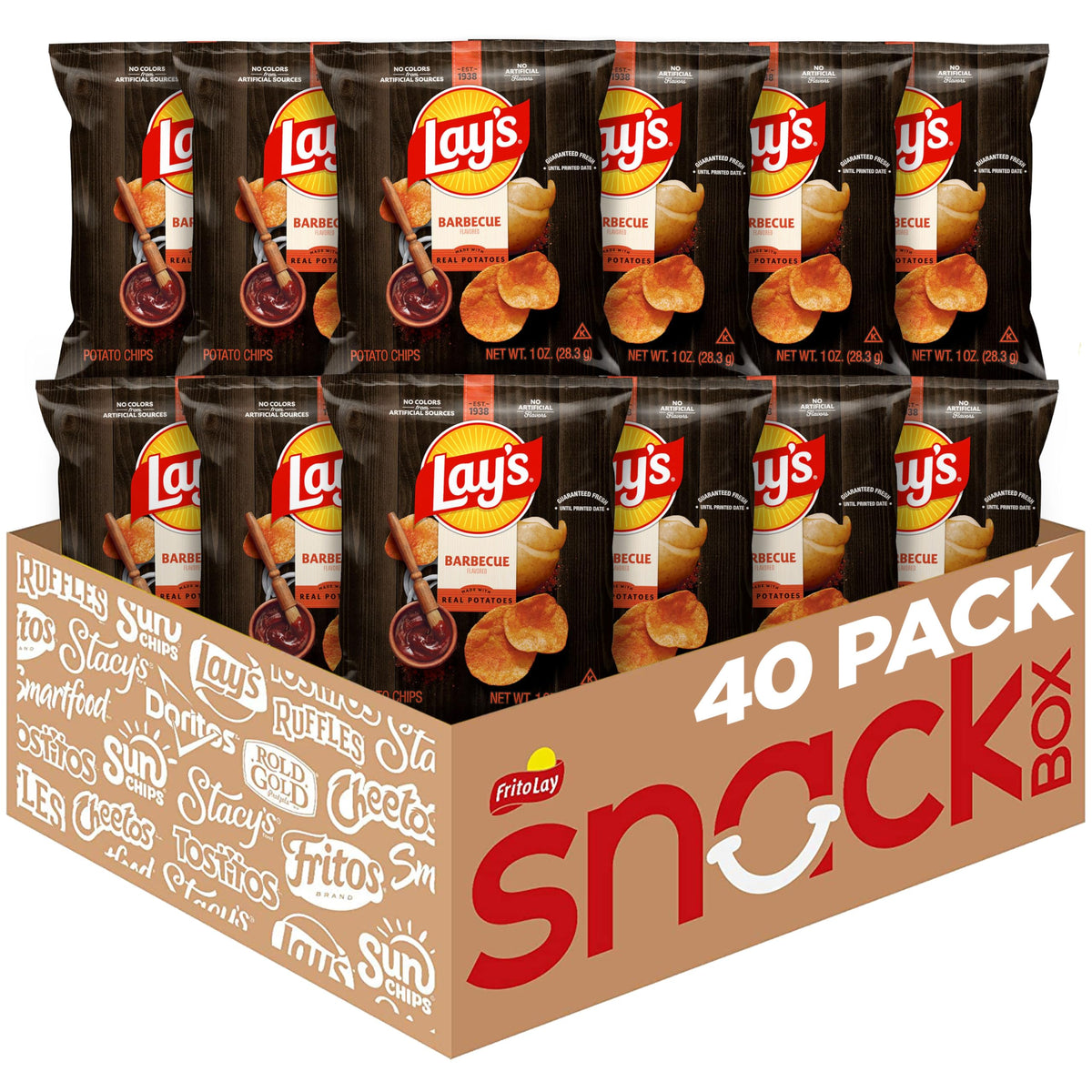 Lay's barbecue flavor potato chips 40-pack bags with savory, smoky profile for easy snacking.