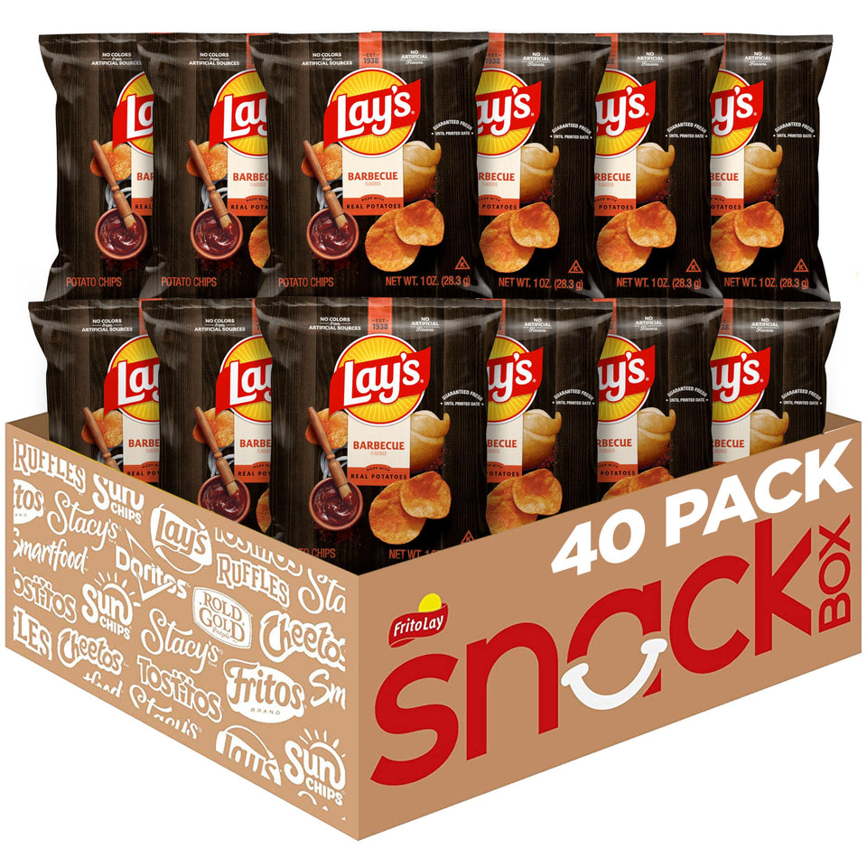 Lay's barbecue flavor potato chips 40-pack bags with savory, smoky profile for easy snacking.