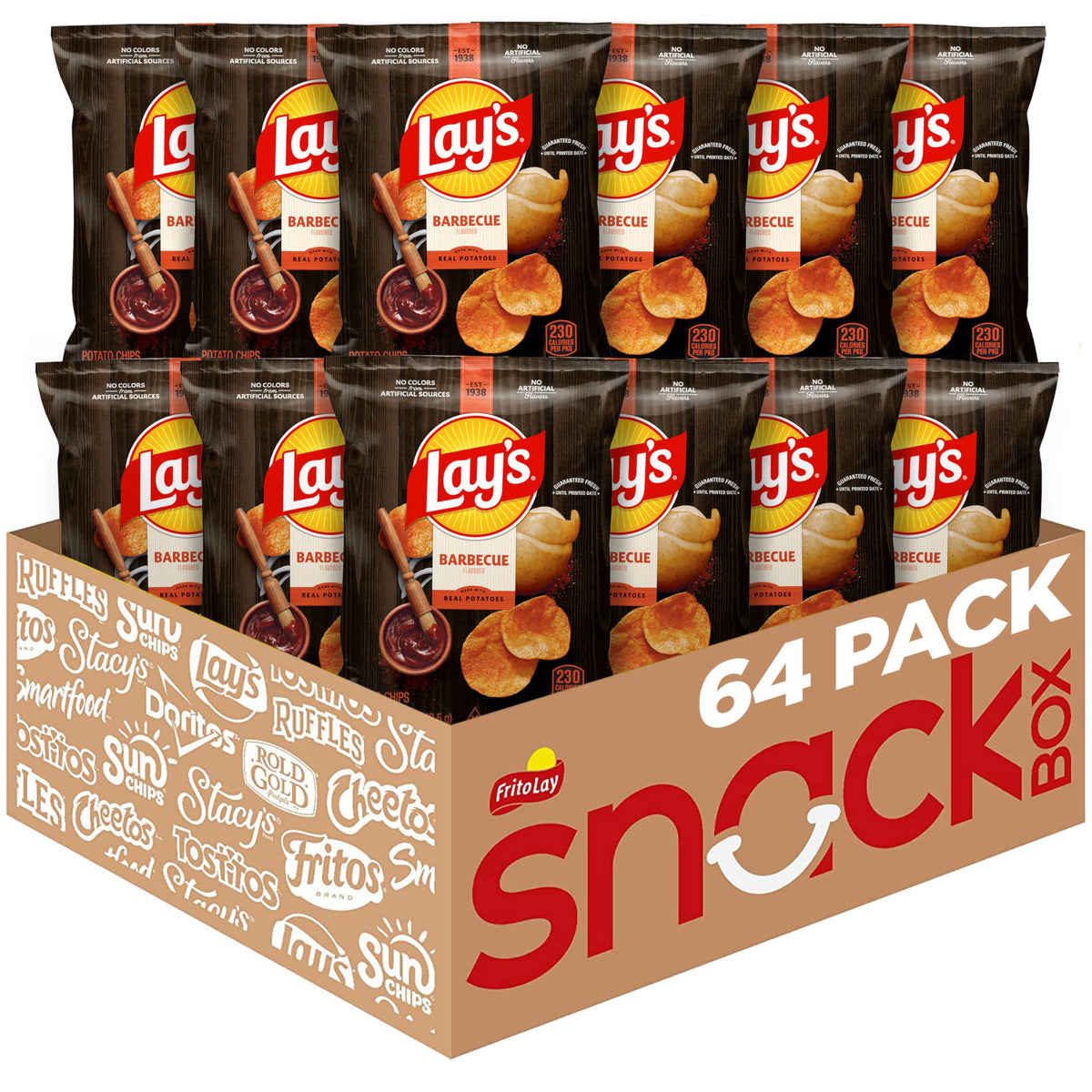 Lay's Barbecue potato chips 64-pack front view shows convenient snack size.