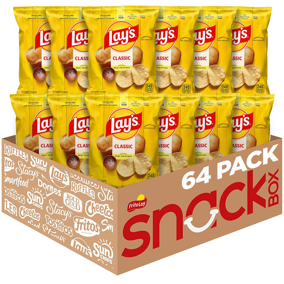 Lay's Classic potato chips bag front with crisp, iconic flavor for snacktime
