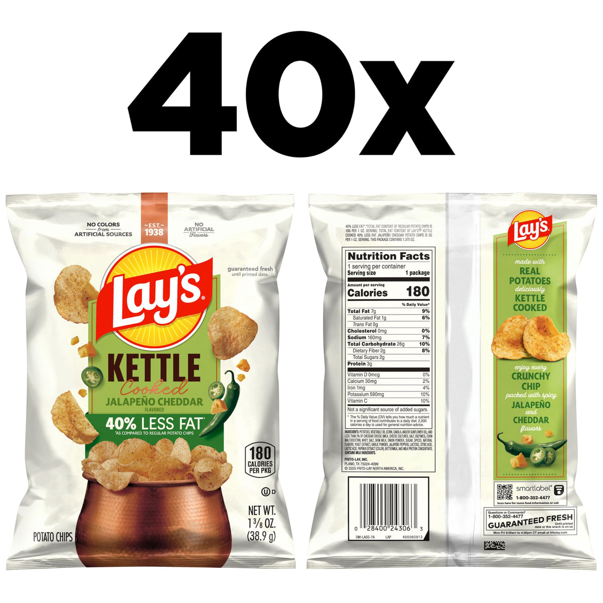 Close-up of Lay's Kettle Cooked Jalapeño Cheddar chips spilling from bag