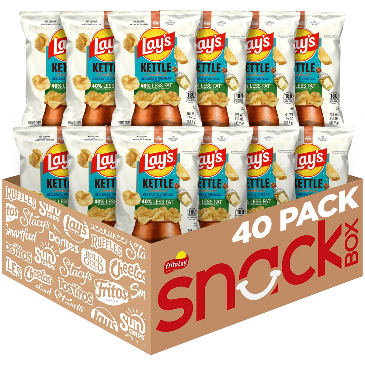 Lay's Kettle Cooked Salt and Vinegar chips, 64-pack, 40% less fat.