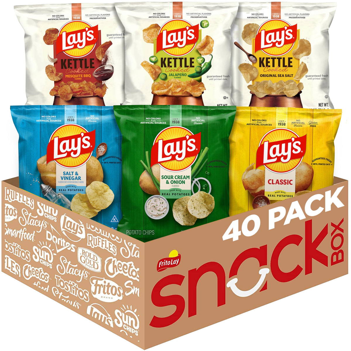 Lay's variety-pack front view shows multiple flavors for shareable snacking.