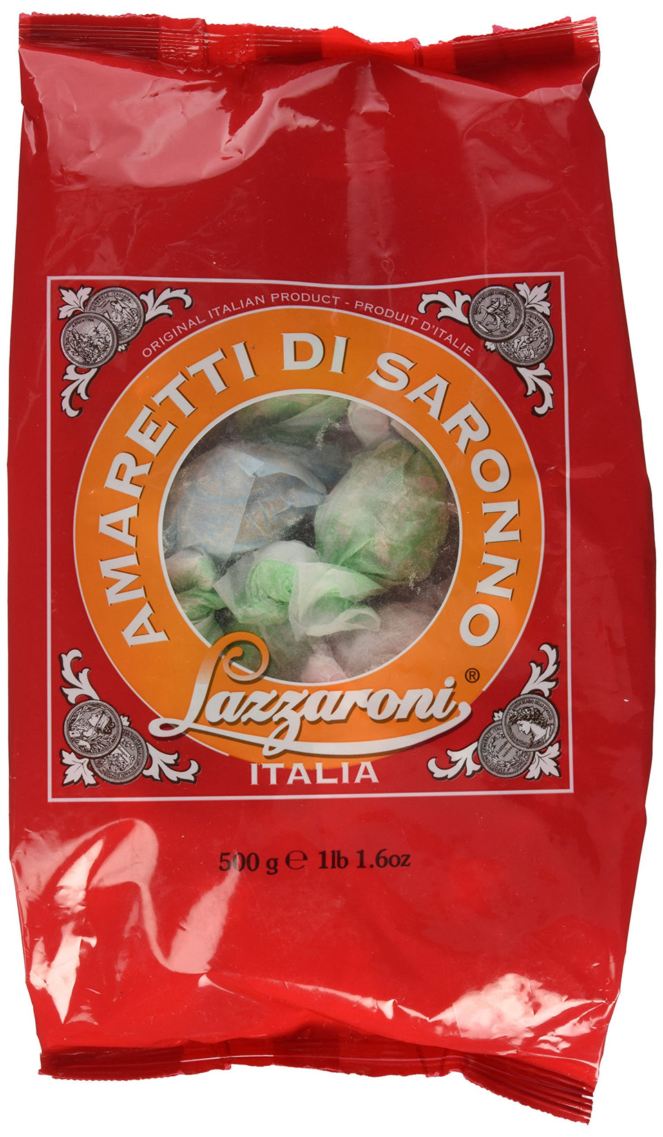 Lazzaroni Amaretti refill bag close-up for pantry convenience.