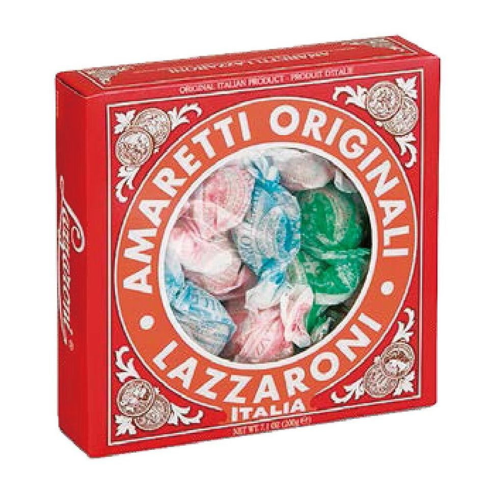 Lazzaroni Amaretti di Saronno 7oz pack shot; crisp almond cookies ideal for gifting