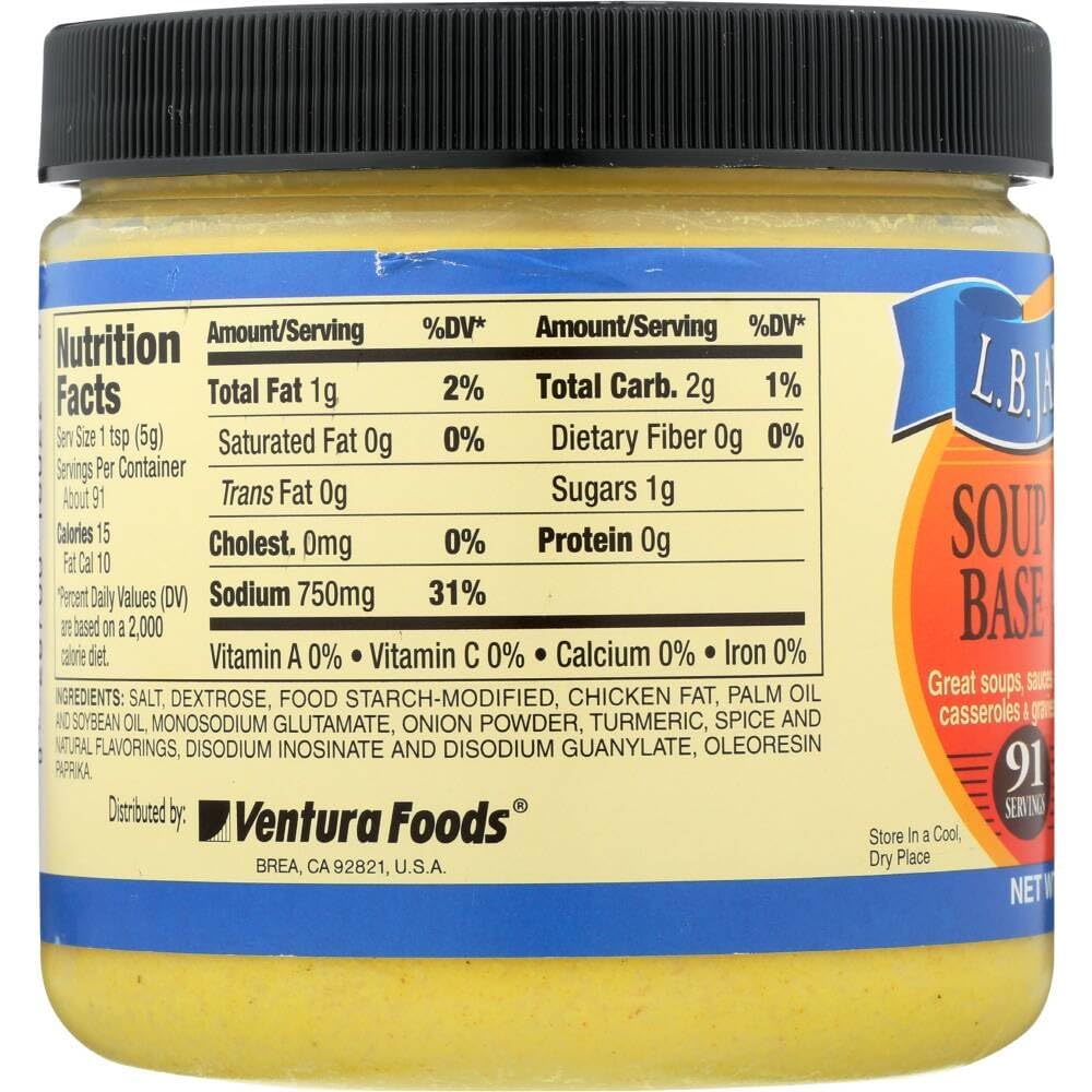 L.B. Jamison's soup base jar on kitchen counter, ideal for soups and gravies.