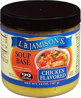 L.B. Jamison's chicken soup base jar with label and spoon for quick homemade flavor.